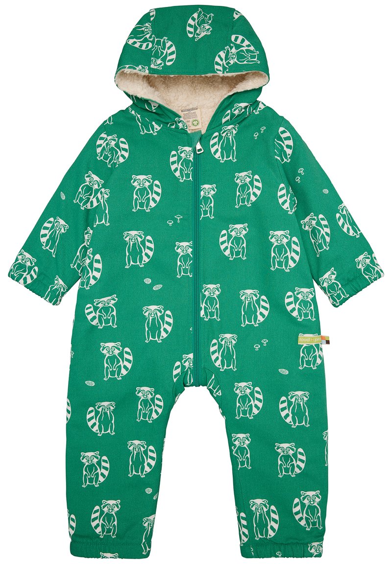 Grüne Latzhose mit Kapuze, die weiße Waschbärmuster zeigt. Hergestellt aus weichem Material mit einem Reißverschluss vorne und elastischen Bündchen für eine gute Passform.