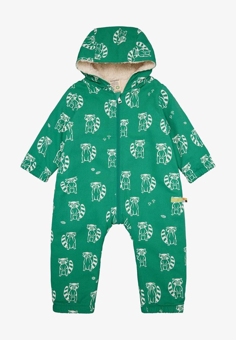 Grüne Latzhose mit Kapuze, die weiße Waschbärmuster zeigt. Hergestellt aus weichem Material mit einem Reißverschluss vorne und elastischen Bündchen für eine gute Passform.