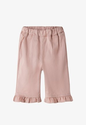 Lyserøde bukser til små børn med elastik i taljen og flæsekant nederst på benene, vist på hvid baggrund.