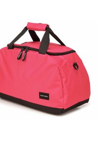 Borsa a tracolla rosa realizzata in tessuto resistente, con accenti neri, manico superiore e chiusure a doppia zip con tirazip; forma rettangolare.