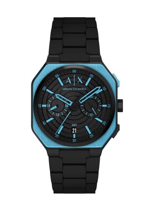 Reloj de pulsera Armani Exchange negro y azul con esfera redonda, marcadores y agujas azules, dos subesferas y una correa negra enlazada.