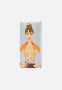Box packaging featuring a graphic illustration of a figure with short brown hair, wearing an orange jacket, with “Hide Your Nipples” text.