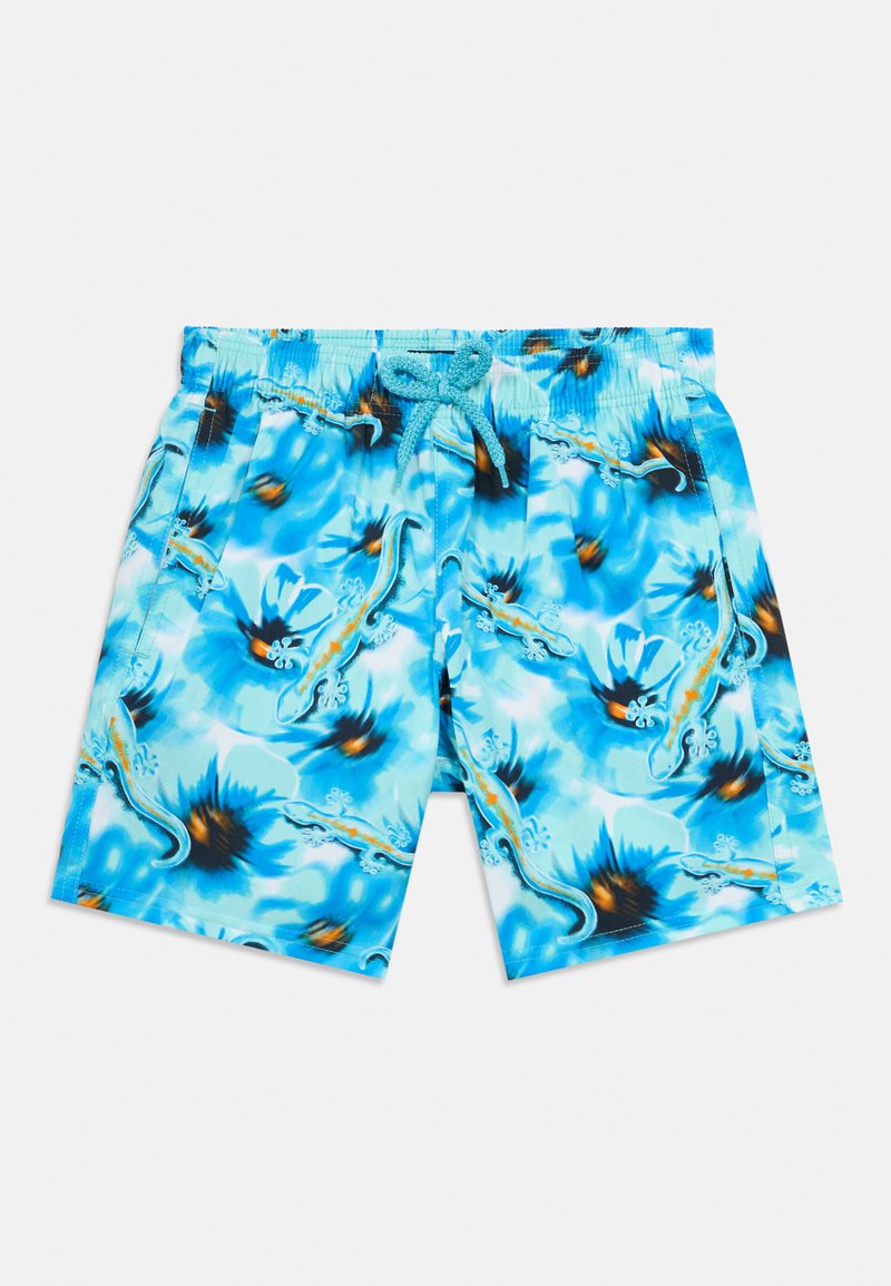 Kék mintás fürdőnadrág hüllő mintával, könnyű anyagból, elasztikus derékrésszel, húzózsinórral, oldalzsebekkel és élénk színekkel.