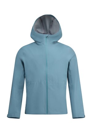 Himmelblau wetterfeste Jacke mit Kapuze, ausgestattet mit einem Frontreißverschluss, langen Ärmeln und einer glatten Textur. Minimalistisches Design ohne sichtbare Muster.