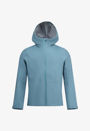 Himmelblau wetterfeste Jacke mit Kapuze, ausgestattet mit einem Frontreißverschluss, langen Ärmeln und einer glatten Textur. Minimalistisches Design ohne sichtbare Muster.