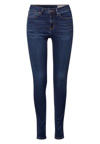 Jeans ajustados en denim azul oscuro. Cuentan con una cintura alta, diseño de cinco bolsillos y costuras en contraste. Textura suave con un ligero estiramiento.