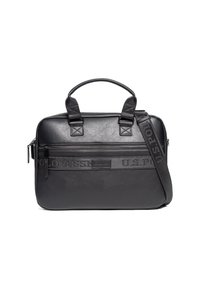 Schwarze Laptop-Tasche aus Leder mit doppelten Tragegriffen oben, verstellbarem Schultergurt, Reißverschlusstasche und geprägt-gestaltetem Logo auf der Vorderseite.