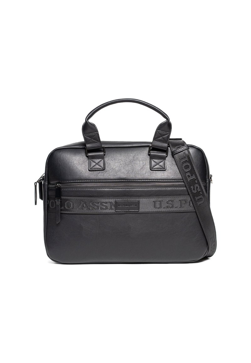 Schwarze Laptop-Tasche aus Leder mit doppelten Tragegriffen oben, verstellbarem Schultergurt, Reißverschlusstasche und geprägt-gestaltetem Logo auf der Vorderseite.