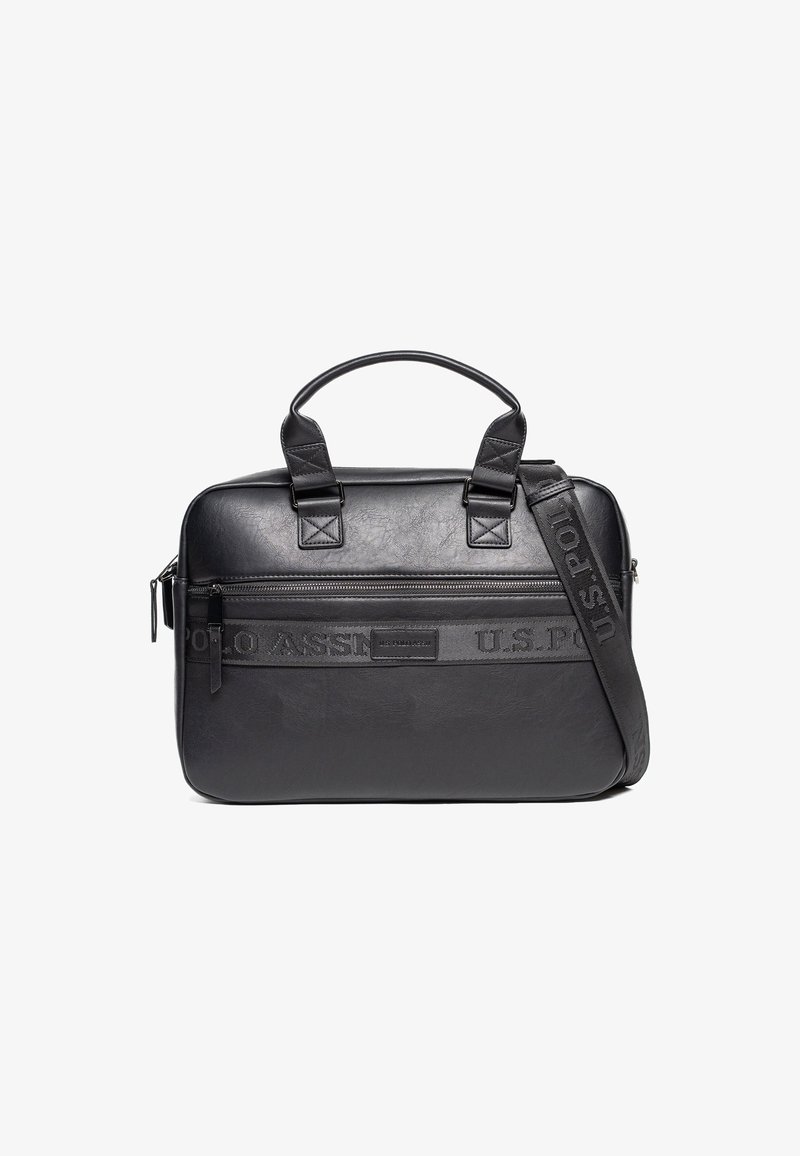 Schwarze Laptop-Tasche aus Leder mit doppelten Tragegriffen oben, verstellbarem Schultergurt, Reißverschlusstasche und geprägt-gestaltetem Logo auf der Vorderseite.