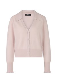 Hellrosa, verkürzter Cardigan mit breitem Kragen, sechs Knöpfen und gerippten Bündchen. Weicher Stoff mit einem kleinen Logoakzent.