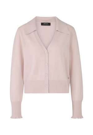 Light pink, cropped cardigan with a broad collar, six buttons, and ribbed cuffs. Soft texture with a small logo accent.