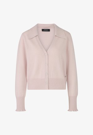 Hellrosa, verkürzter Cardigan mit breitem Kragen, sechs Knöpfen und gerippten Bündchen. Weicher Stoff mit einem kleinen Logoakzent.