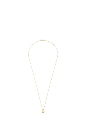 Gouden ketting met een fijne schakellink en een kleine, ronde hanger. De ketting is delicaat, met een eenvoudige sluiting en een gladde textuur.