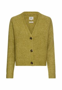 Khaki groene wolmix cardigan met een V-hals, geribbelde mouwen en vijf donkere knopen aan de voorkant. Getextureerd, kort ontwerp.