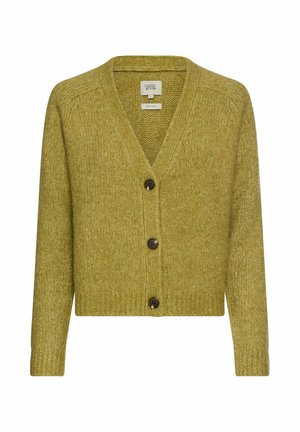 Kardigan z mieszanki wełny w khaki zielonym kolorze, z dekoltem w serek, prążkowanymi mankietami i pięcioma ciemnymi guzikami z przodu. Tekurowany, krótszy fason.