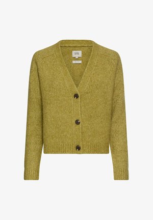 Kardigan z mieszanki wełny w khaki zielonym kolorze, z dekoltem w serek, prążkowanymi mankietami i pięcioma ciemnymi guzikami z przodu. Tekurowany, krótszy fason.