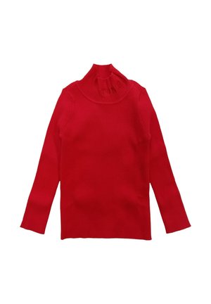 Maglione a maniche lunghe a collo alto rosso a coste con "TWINS" ricamato vicino al colletto, posato su uno sfondo bianco.
