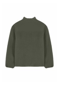 Polaire vert olive à col montant avec tissu texturé. Comprend un panneau supérieur lisse et des poignets élastiques.