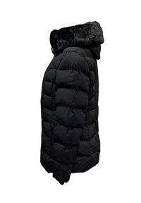 Schwarze Daunenjacke mit einer Kapuze aus Kunstpelz, gerippter Textur, horizontalem Steppmuster und Reißverschlusstaschen an den Seiten.