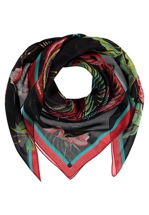 Écharpe noire transparente avec des motifs floraux et feuillus colorés, bordée de rayures rouges et turquoises, pliée en forme circulaire.