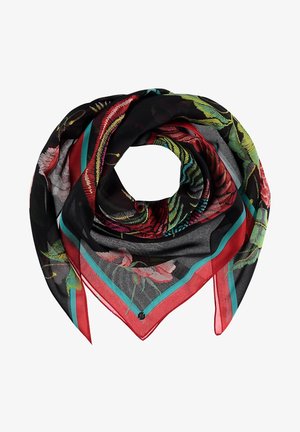 Écharpe noire transparente avec des motifs floraux et feuillus colorés, bordée de rayures rouges et turquoises, pliée en forme circulaire.