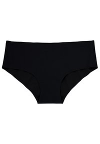 Culotte nera in bikini realizzata in tessuto liscio ed elasticizzato. Presenta un design a vita alta e una vestibilità a copertura totale.
