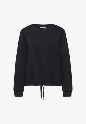 Black sweatshirt with long sleeves, crew neck, and elasticated hem. Features a drawstring at the waist. Made from soft fabric.