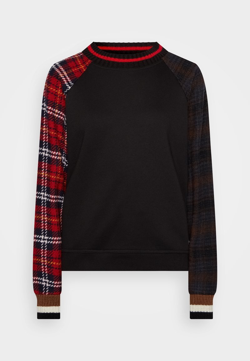 Czarna bluza z długim rękawem z rękawami w kratkę w czerwonym, granatowym i brązowym kolorze. Żebrowany kołnierz i mankiety z kontrastowymi paskami. Miękka tekstura.