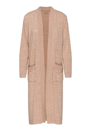 Długi kardigan z otwartym przodem w jasnobeżowym dzianinowym materiale. Posiada dwie przednie kieszenie i ściągacze na rękawach. Miękka tekstura z luźnym krojem.