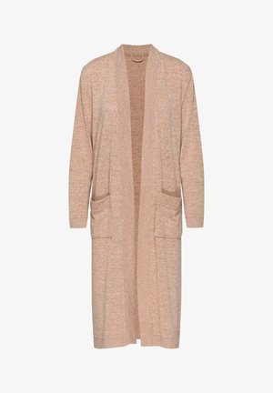 Długi kardigan z otwartym przodem w jasnobeżowym dzianinowym materiale. Posiada dwie przednie kieszenie i ściągacze na rękawach. Miękka tekstura z luźnym krojem.