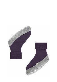 Skarpetki z granatowego materiału z szarymi fakturowanymi podeszwami, mające długość do kostki i miękki mankiet. Wzór na podeszwie obejmuje wzory antypoślizgowe dla lepszej przyczepności.