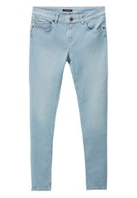 Ljust blå denimjeans med slim fit, som har fem fickor, en dragkedja och knappstängning, samt minimal blekning för ett rent utseende.
