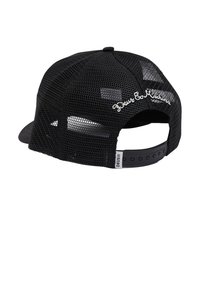 Schwarze Snapback-Basecap mit Netzrücken, ausgestattet mit einem stabilen Vorderteil und gesticktem Text. Mit verstellbarem Riemen für die Größenanpassung.