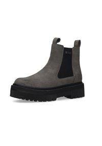 Graue Wildleder-Ankle-Boots mit elastischen Seiteneinsätzen, dickem schwarzen Gummisohle und Laschen für ein einfaches Anziehen. Strukturiert Oberfläche mit dezenten Nähten.