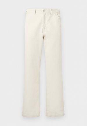 Off-white straight-leg pants with front pockets, belt loops, and a button closure at the waist.