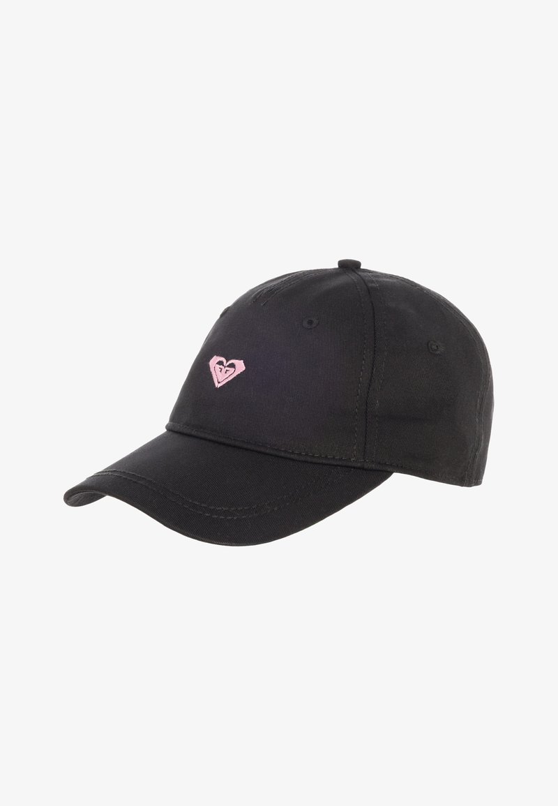 Musta baseball-lippis, joka on valmistettu puuvillasta, kaarevalla lipalla ja etupuolella pinkki sydänlogo brodeerattuna. Säädettävä hihna takana.