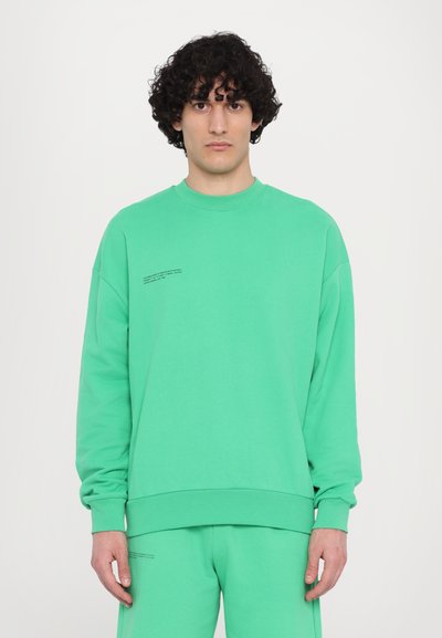 Sweatshirt verde dintr-un amestec de bumbac, cu mâneci lungi, guler rotund și un detaliu tipărit în zona pieptului. Textură netedă.