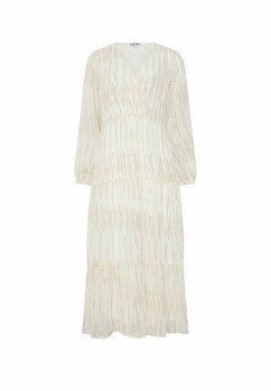 Luźna kremowa sukienka z dekoltem w kształcie litery V, długimi rękawami i warstwowym krojem. Posiada pionowe złote akcenty i lekką fakturę materiału.