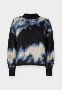 Gehaakte trui met een zwarte basis en blauwe en crème abstracte patronen, ronde hals en geribbelde manchetten. Zachte textuur met een ontspannen pasvorm.