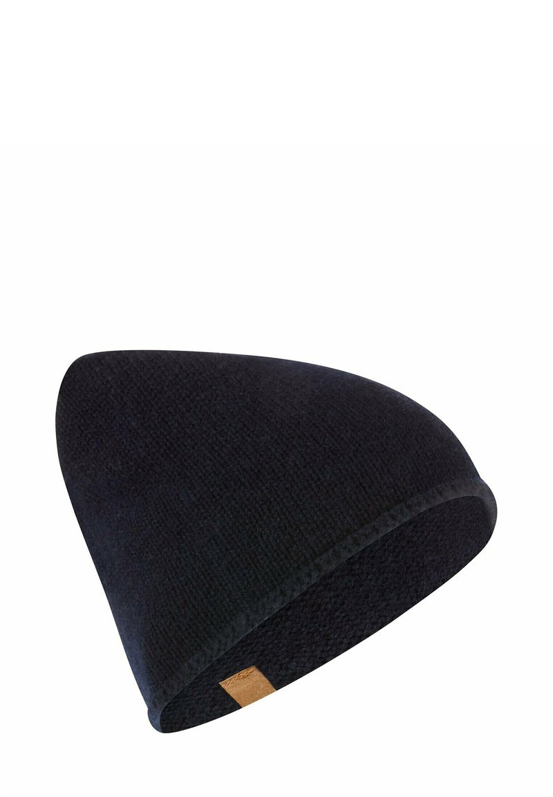 Zwarte gebreide beanie met een zachte textuur, puntige top en een klein leren labelaccent. Ontworpen voor warmte en comfort.