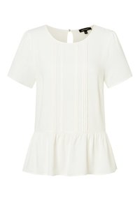 Top bianco con maniche corte, scollatura rotonda, dettagli plissettati e orlo a peplo. Include un piccolo apertura a forma di chiave sul retro.