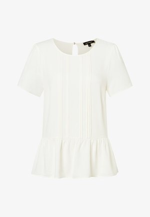 Weißes Oberteil mit kurzen Ärmeln, rundem Halsausschnitt, gefälteltem Detail und Peplum-Saum. Enthält eine kleine Schlüsselöffnung auf der Rückseite.