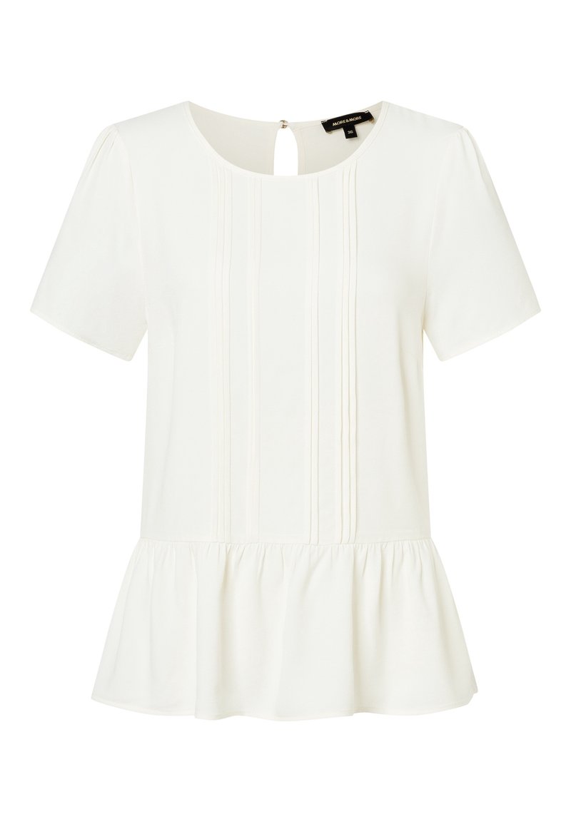 Top bianco con maniche corte, scollatura rotonda, dettagli plissettati e orlo a peplo. Include un piccolo apertura a forma di chiave sul retro.
