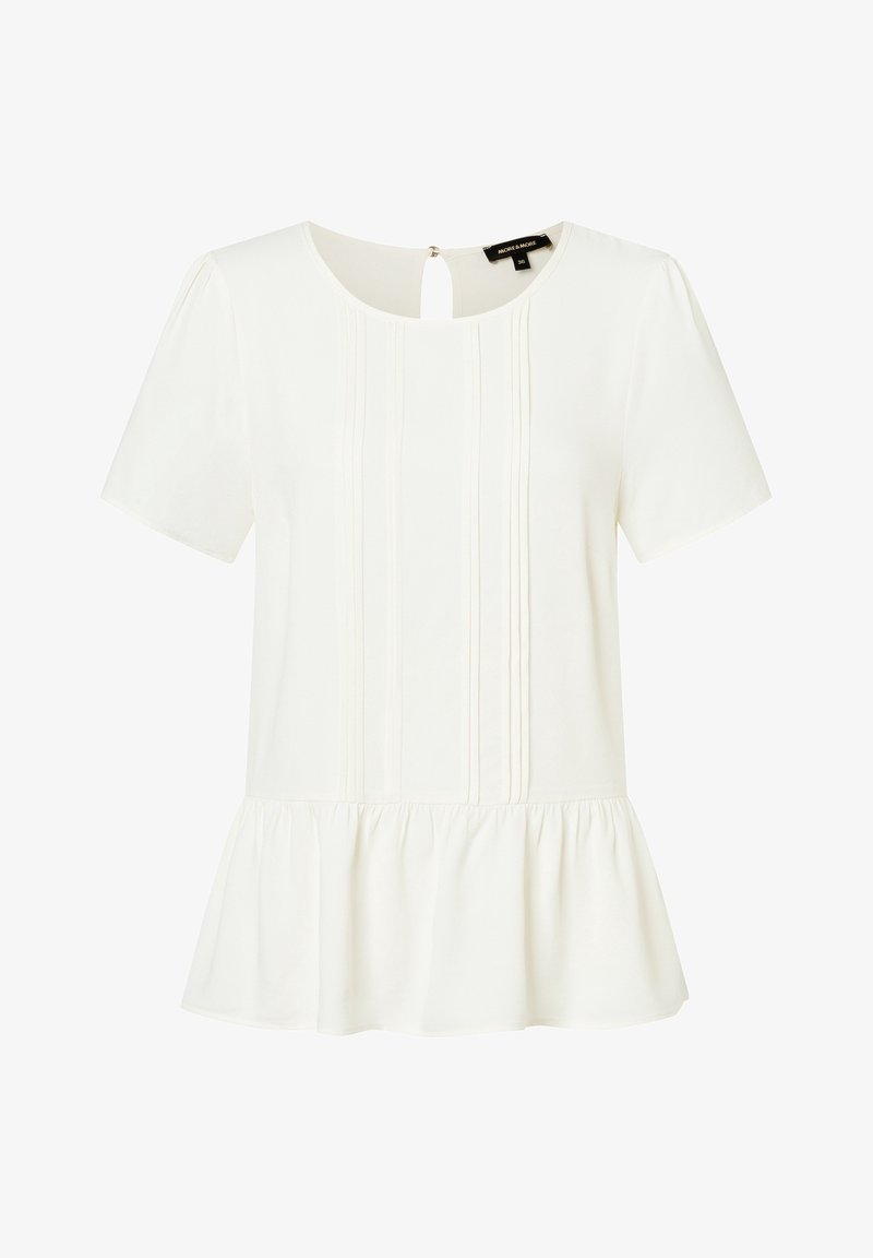 Top bianco con maniche corte, scollatura rotonda, dettagli plissettati e orlo a peplo. Include un piccolo apertura a forma di chiave sul retro.