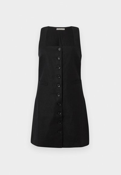Vestido de lino negro con escote cuadrado, forrado con una fila central de seis botones y dos bolsillos laterales, con una silueta en A.