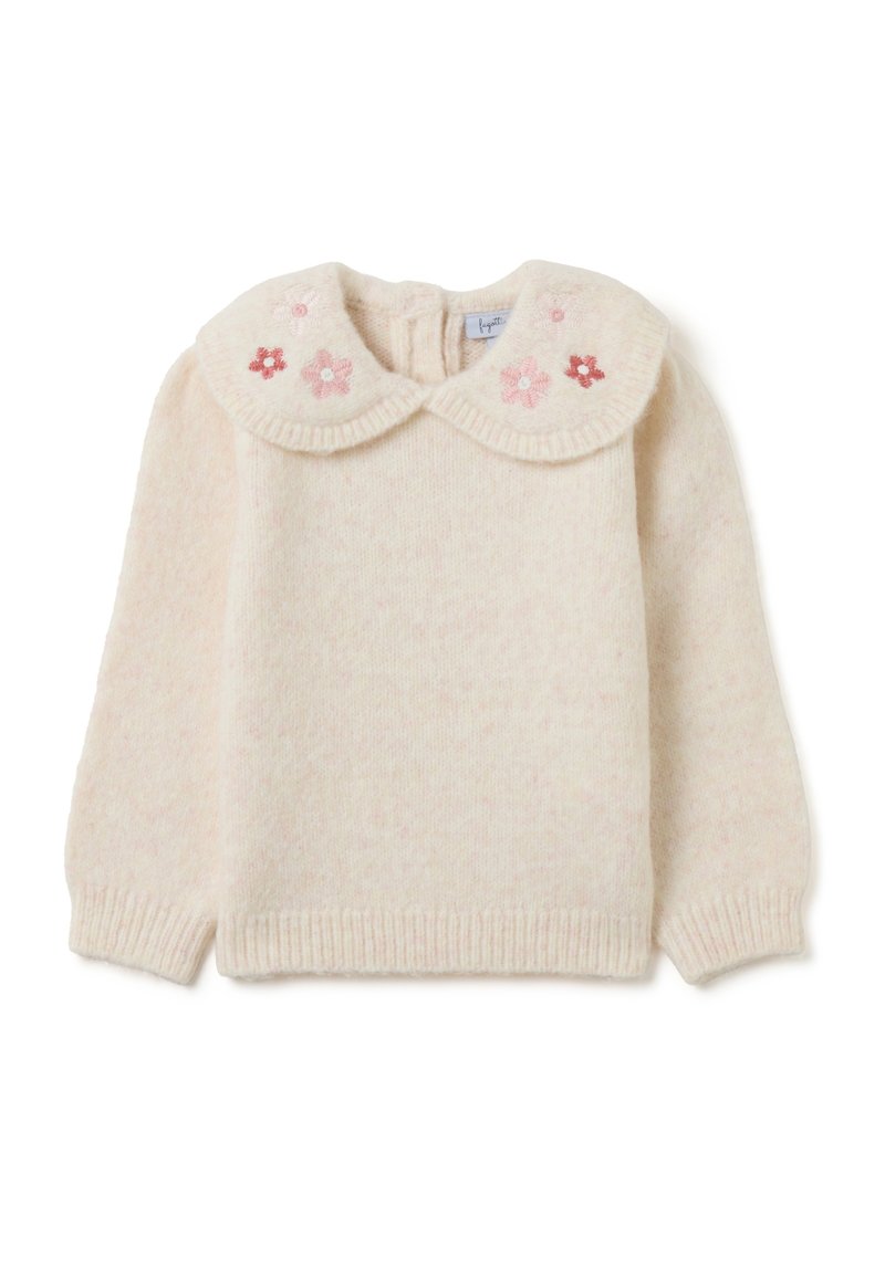 Helles rosafarbenes Strickpullover mit großem Rundkragen, verziert mit gestickten Blumen in Rosa und Weiß. Weicher, strukturierter Stoff, gerippte Bündchen.