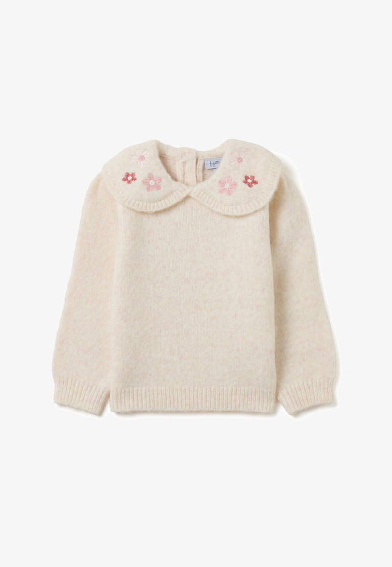Maglione a maglia rosa chiaro con un ampio colletto rotondo, decorato con fiori ricamati in rosa e bianco. Tessuto morbido e testurizzato, con polsini a costine.