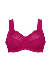 Fuchsia bh met textured polkadotmateriaal, kantpaneel bovenaan de cups en brede banden. Heeft een knoopsluiting aan de voorkant.
