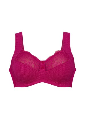 Fuchsia bh met textured polkadotmateriaal, kantpaneel bovenaan de cups en brede banden. Heeft een knoopsluiting aan de voorkant.