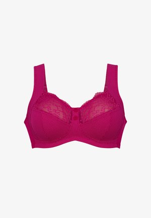 Fuchsia bh met textured polkadotmateriaal, kantpaneel bovenaan de cups en brede banden. Heeft een knoopsluiting aan de voorkant.